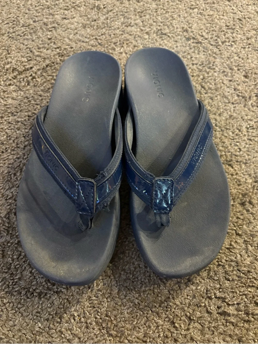 Vionic Navy Kids Thong Sandals with Shiny Strap Detail